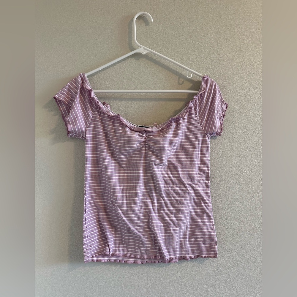 Lulu's Easily Ideal Lilac Striped Lettuce Hem Short Sleeve Top NWT